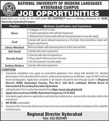 NUML Hyderabad Campus Jobs 2024