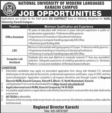 NUML University Karachi Campus Jobs 2024