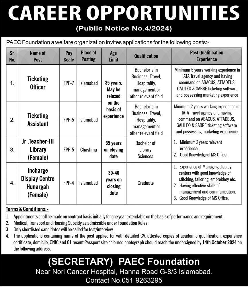 PAEC Foundation Islamabad Jobs 2024