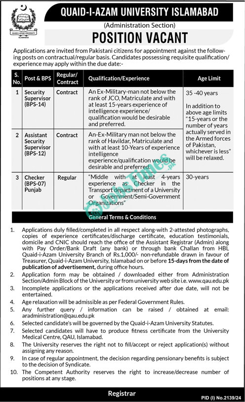 Quaid E Azam University Jobs 2024 Advertainment 