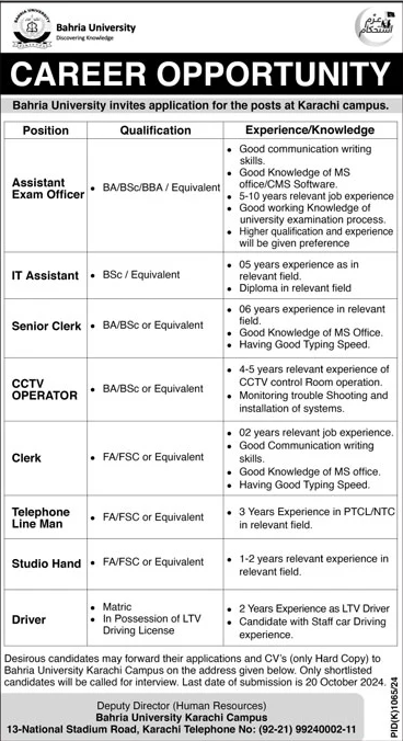 Bahria University Karachi Campus Jobs 2024