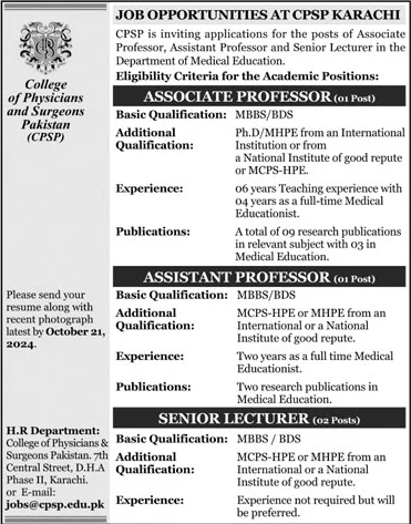 College of Physicians and Surgeons Pakistan CPSP Jobs 2024