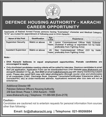 Defence Housing Authority DHA Karachi Jobs 2024