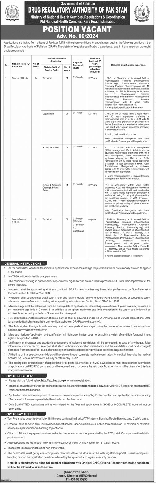 Drug Regulatory Authority of Pakistan Jobs 2024