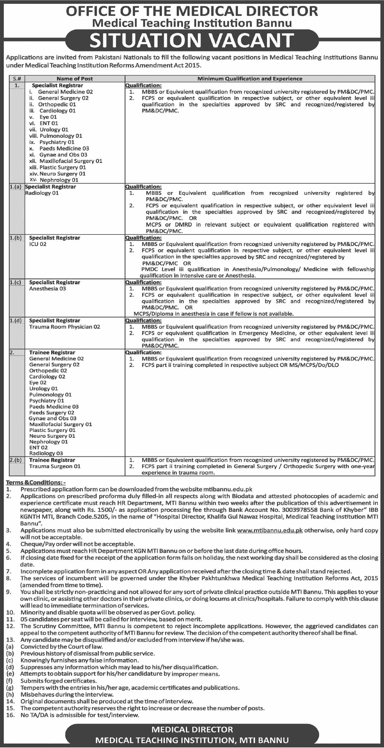 Medical Teaching Institution MTI Bannu Jobs 2024