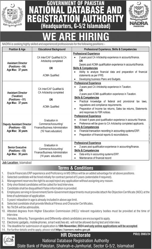 National Database and Registration Authority NADRA Jobs 2024