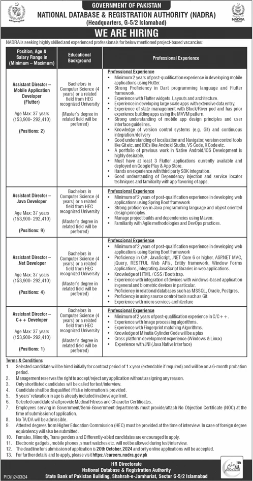 National Database and Registration Authority NADRA Jobs 2024