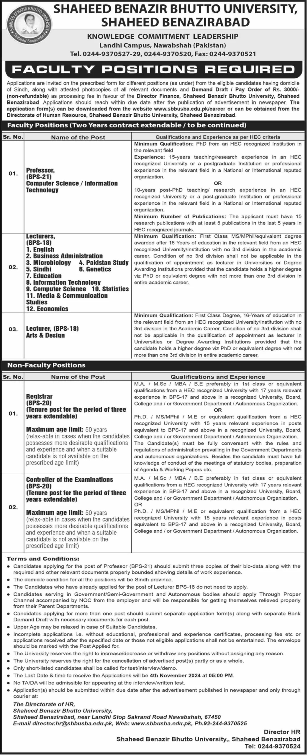 Shaheed Benazir Bhutto University Jobs 2024