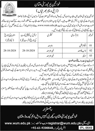 The Women University Multan Jobs 2024