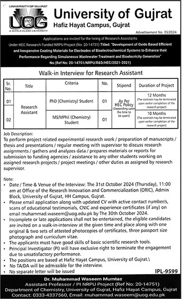 University of Gujrat UOG Jobs 2024