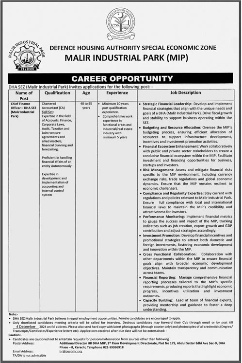 Defence Housing Authority Special Economic Zone Jobs 2024