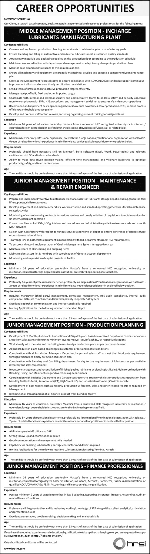 Human Resource Solution International HRSI Jobs 2024