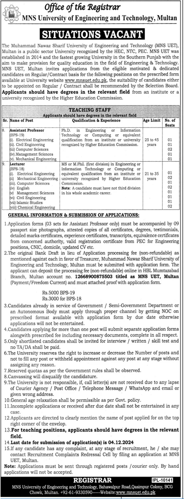 MNS University of Engineering and Technology UET Jobs 2024