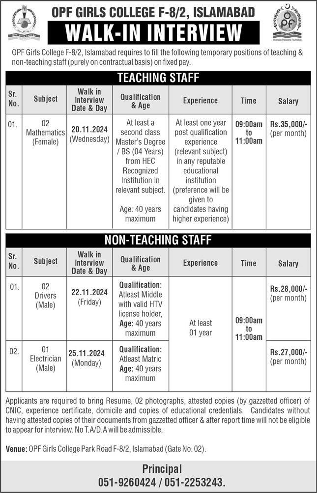 OPF Girls College Islamabad Jobs 2024