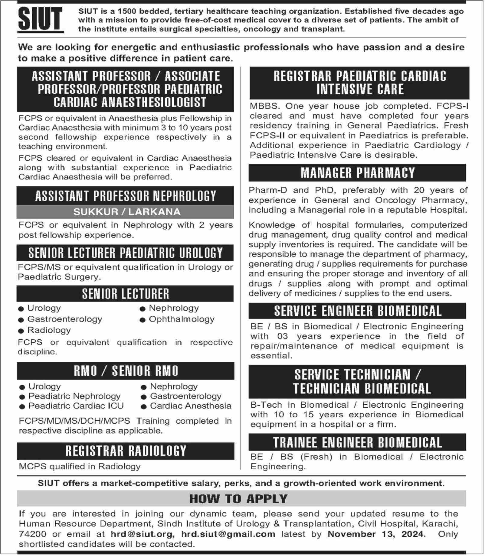 Sindh Institute of Urology and Transplantation SIUT Jobs 2024