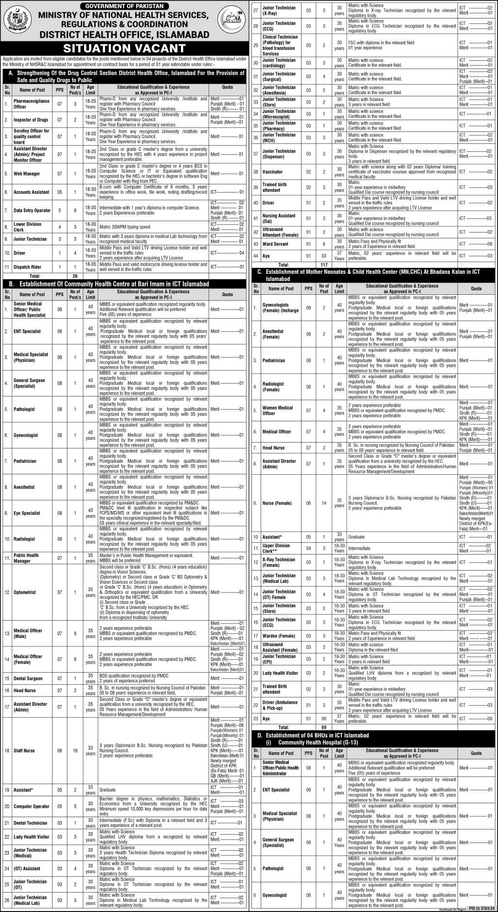 Ministry of National Health Services Regulations & Coordination Islamabad Jobs 2024