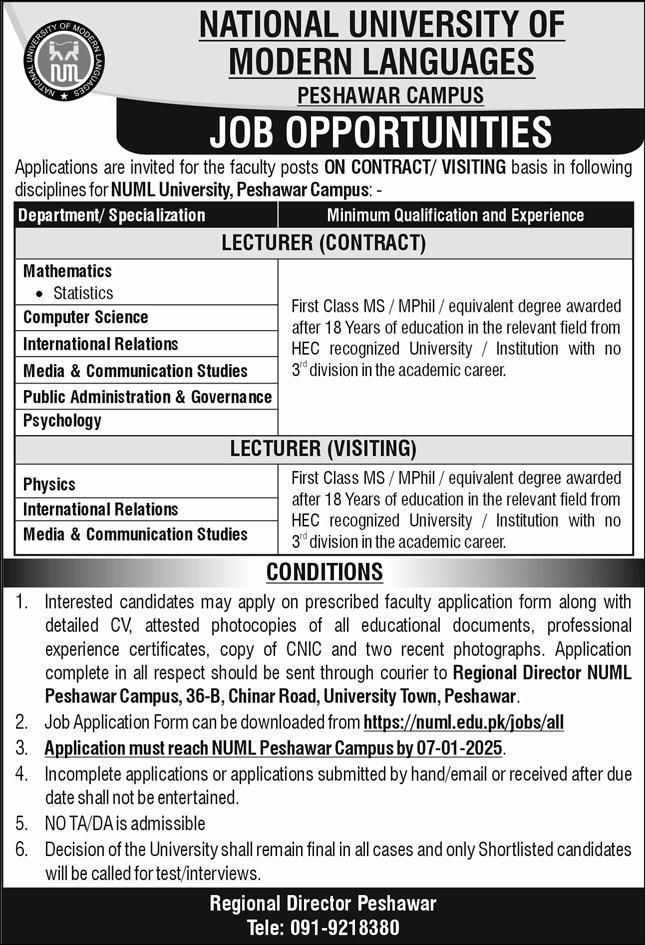 NUML Peshawar Campus Jobs 2025