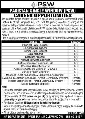 Pakistan Single Window (PSW) Jobs