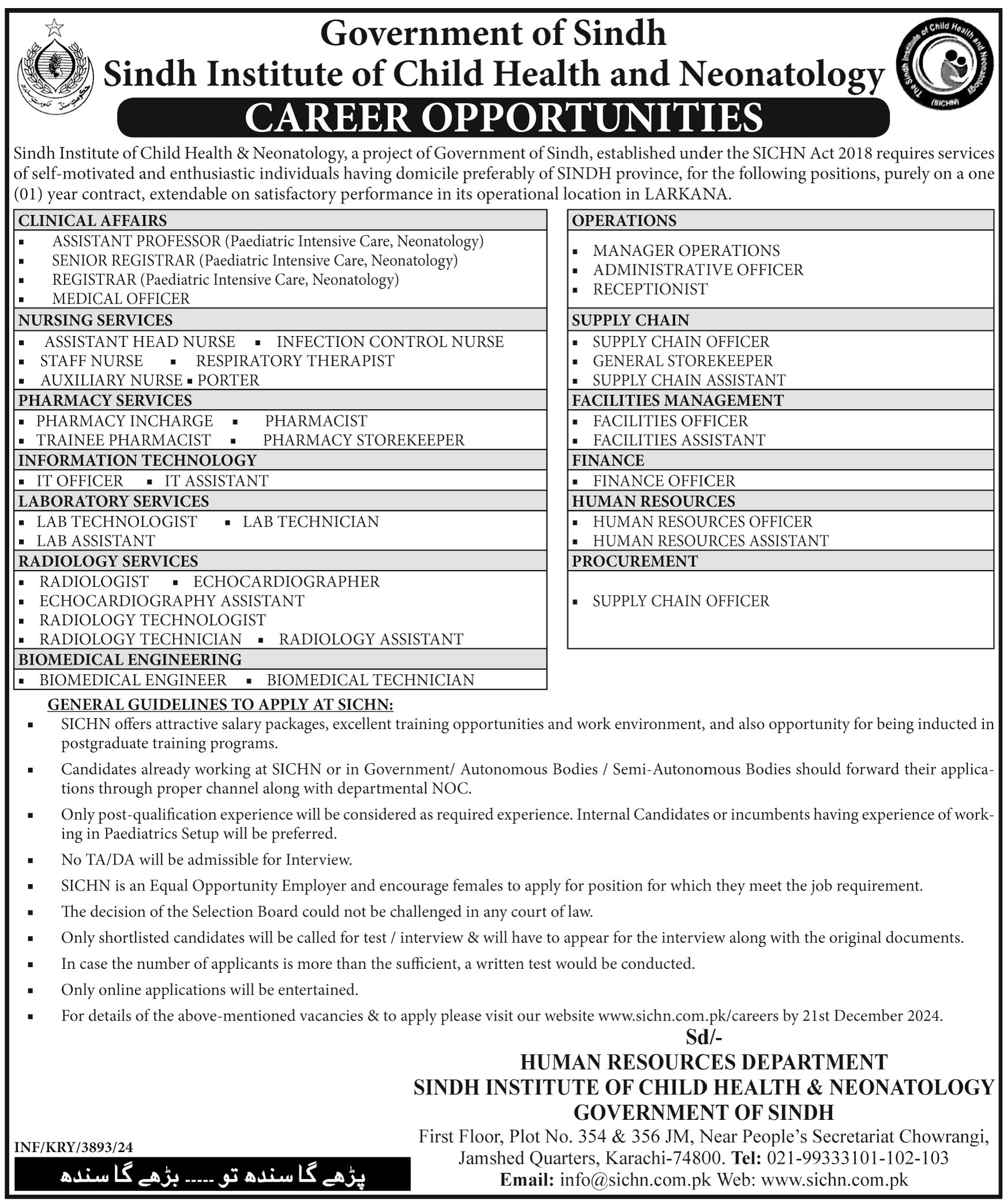 Sindh Institute of Child Health and Neonatology SICHN Jobs 2024