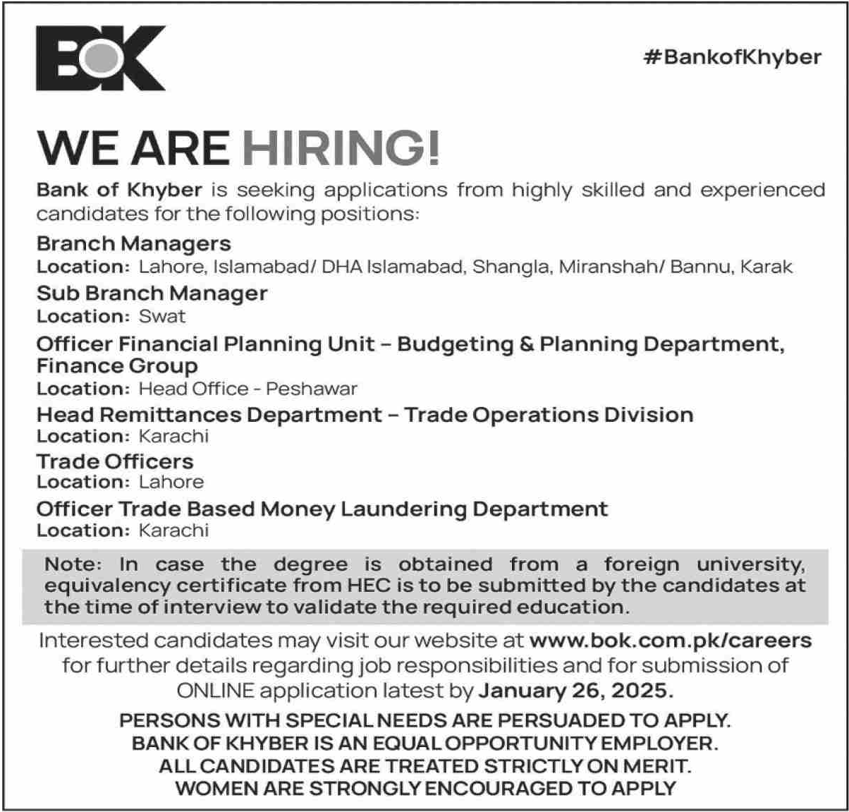 Bank of Khyber BOK Jobs 2025