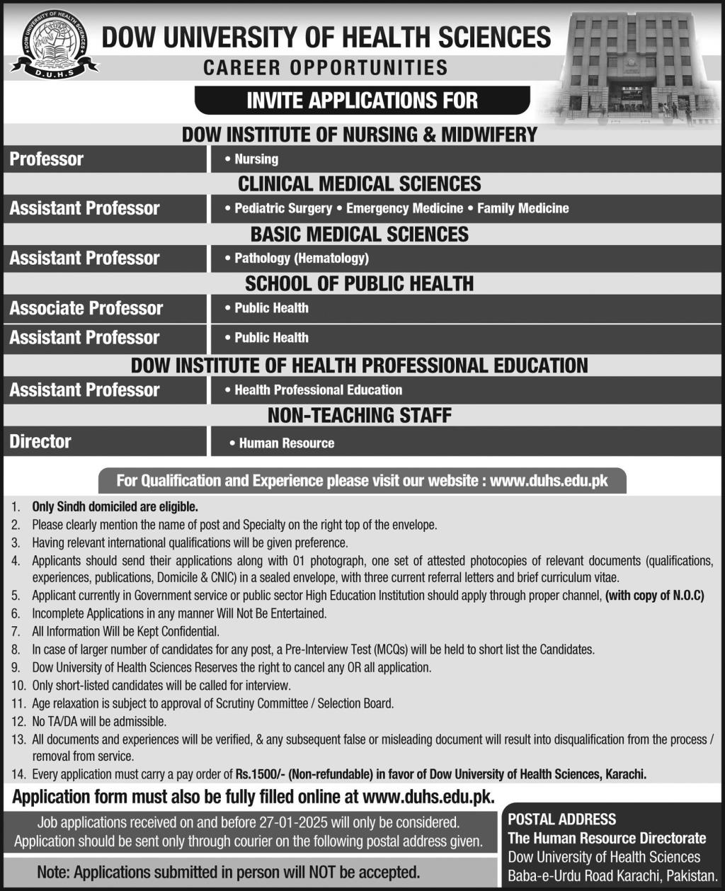 Dow University of Health Sciences DUHS Jobs 2025