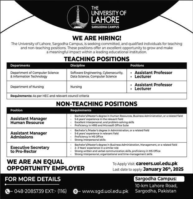 University of Lahore UOL Sargodha Campus Jobs 2025